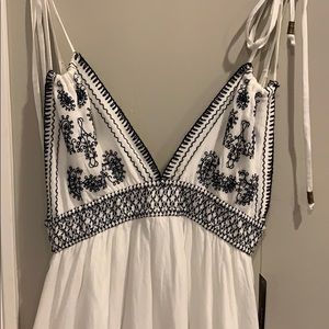 White Lulu’s maxi dress, navy blue embroidery